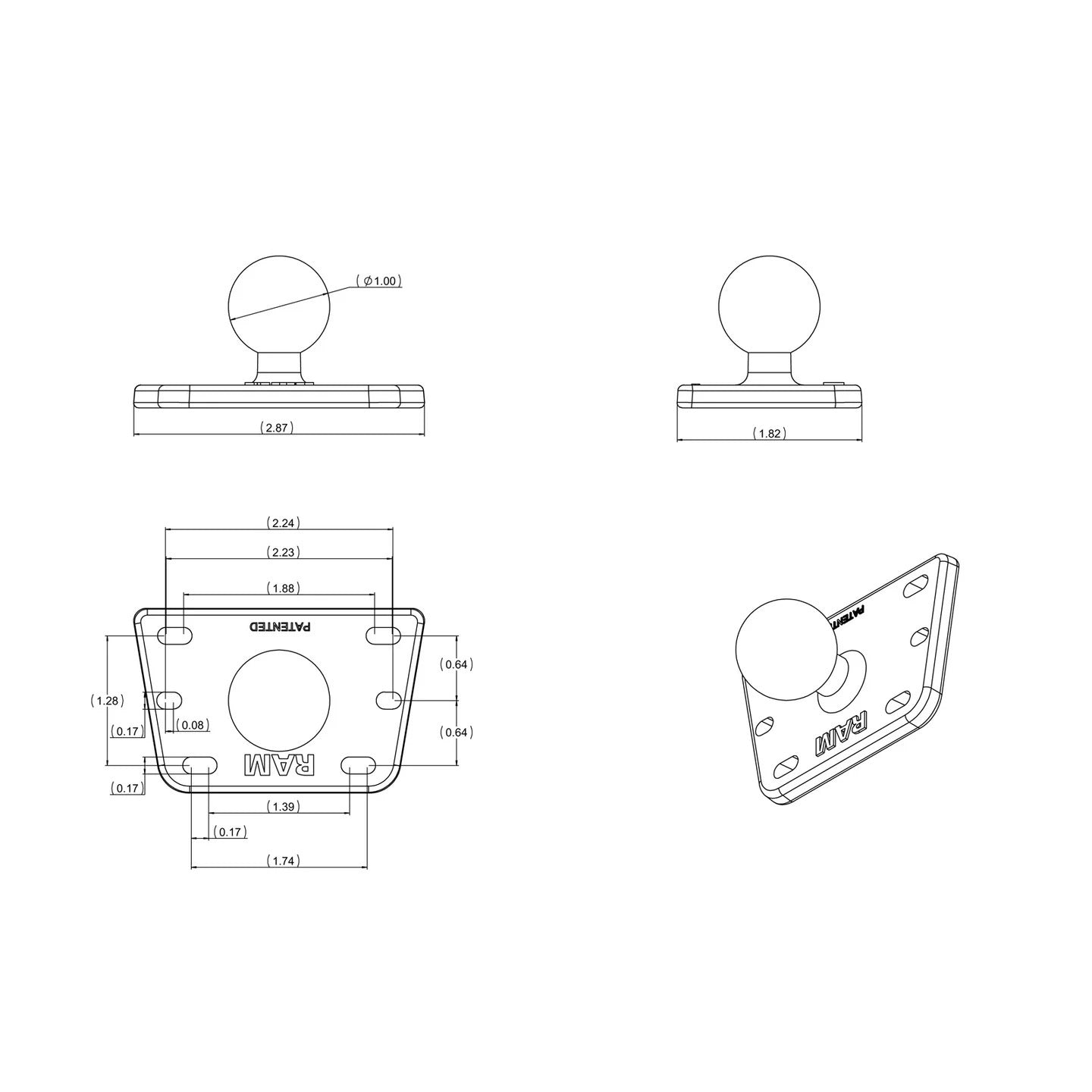 RAM Centered Reservoir Cover Ball Base with 1" Ball | RAM-B-345U
