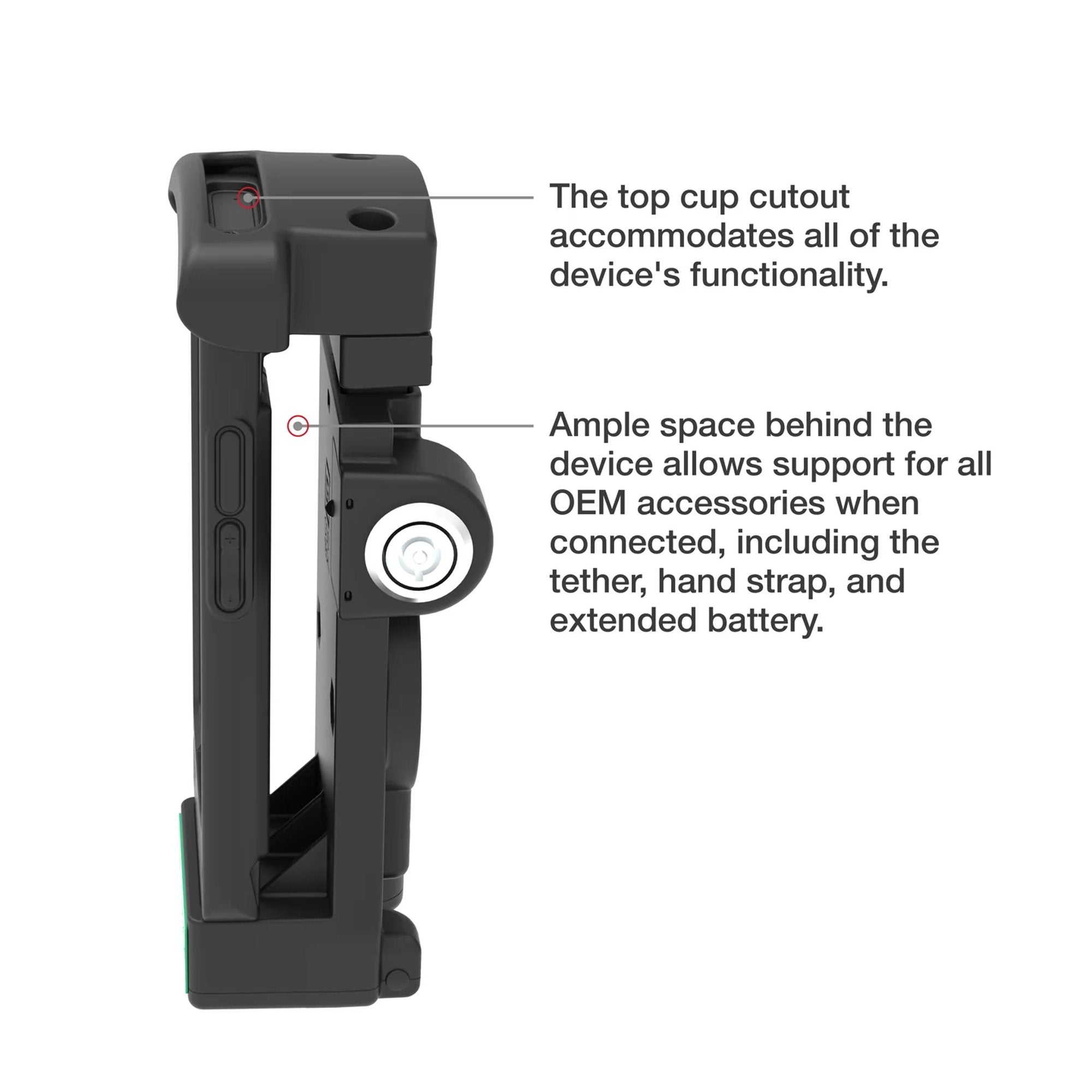 Side view of RAM GDS locking powered cradle with key lock and USB power cable for Zebra handheld