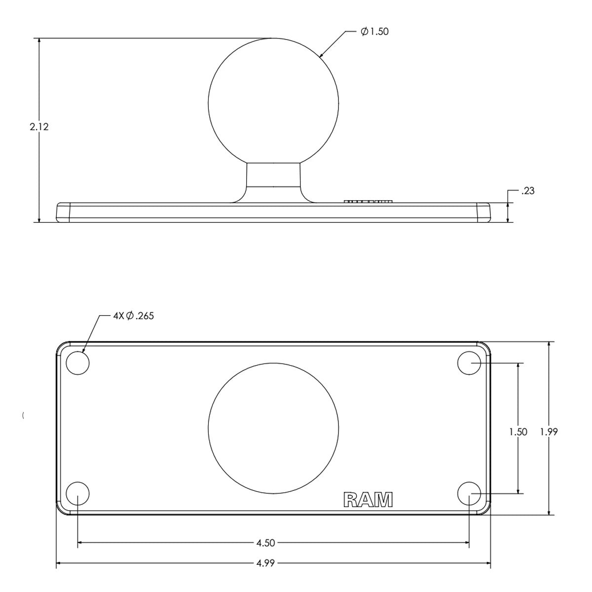 RAM® Rectangular Plate Base with C Size 1.5" Ball | RAM-202U-25