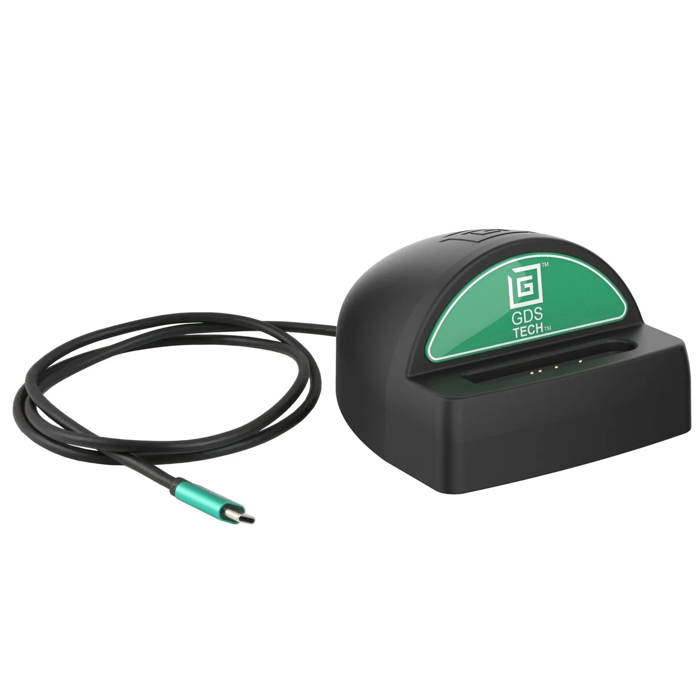 Black electronic device charger with green GDS label on a white background