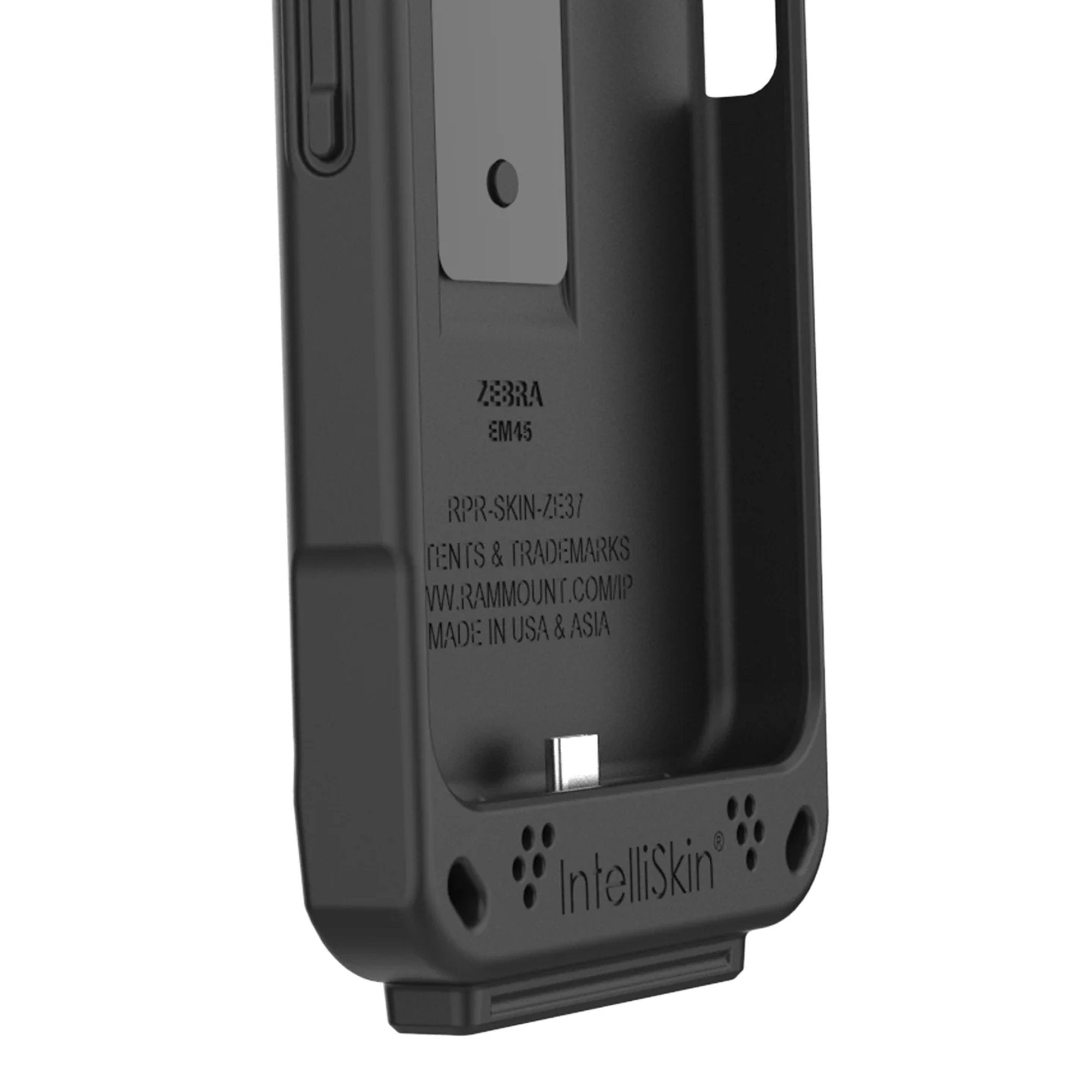 Side profile of IntelliSkin rugged case showing button access for Zebra device
