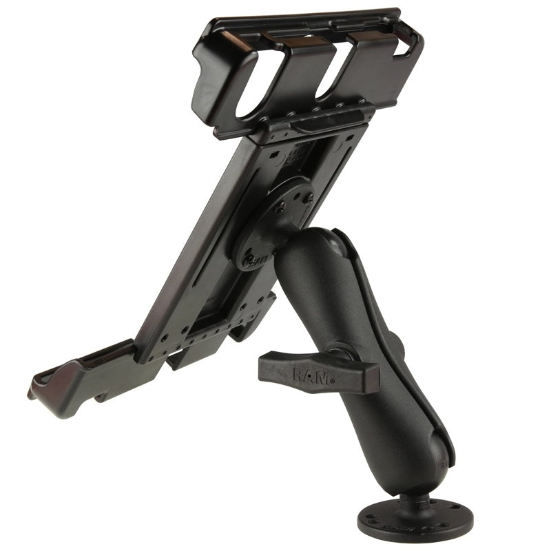 Side angle view of the RAM Mount’s drill-down 9" - 10.5 tablet mount with double-ball arm and AMPS-pattern base plates