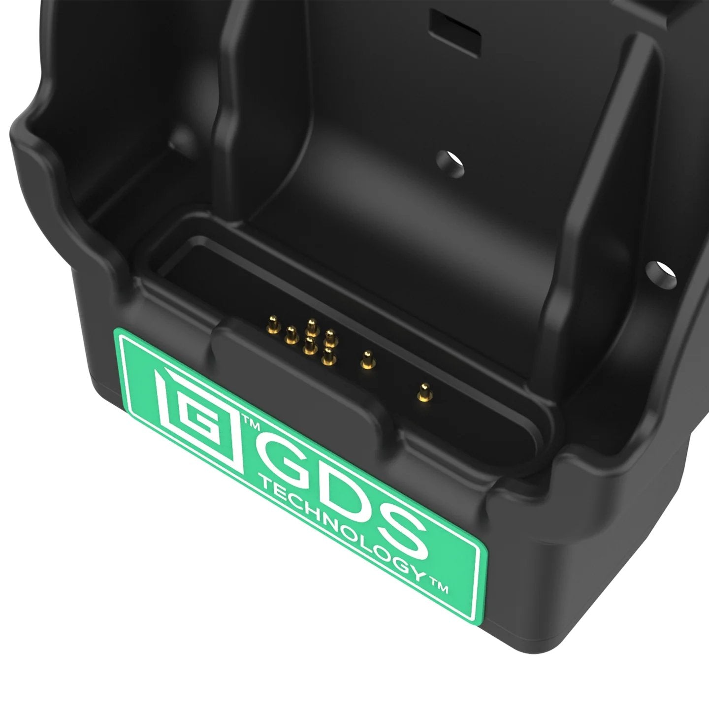 Close-up of RAM GDS dock charging pogo pin contacts for IntelliSkin devices