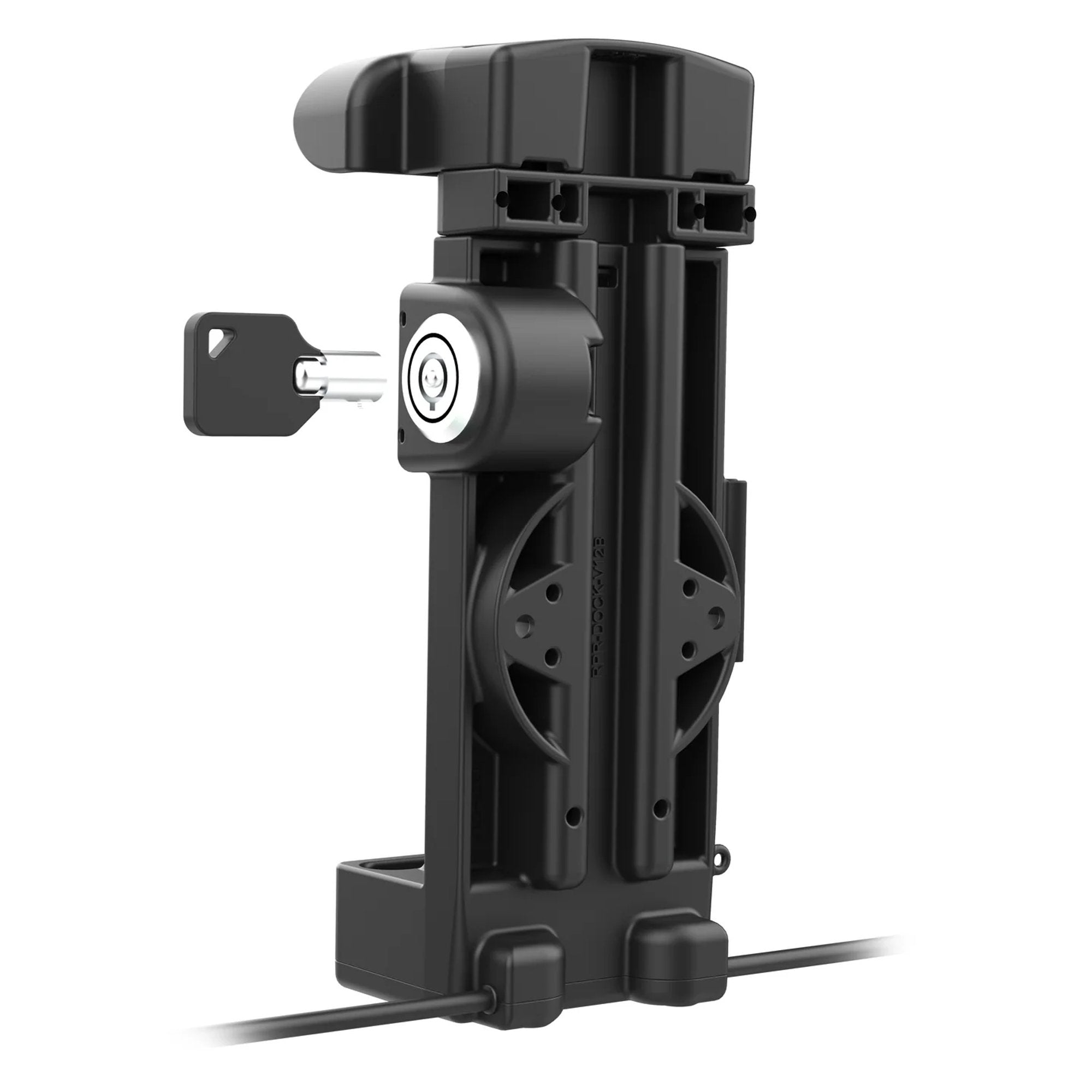 Side view of locking GDS vehicle dock showing keyed lock and mounting interface