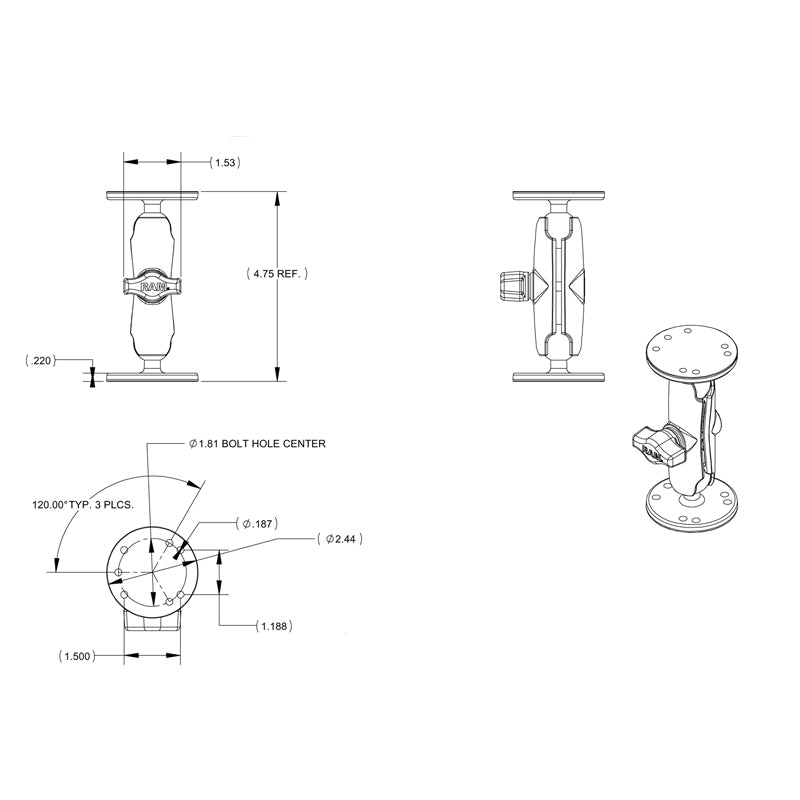 Technical drawing of mounting components with dimensions and details
