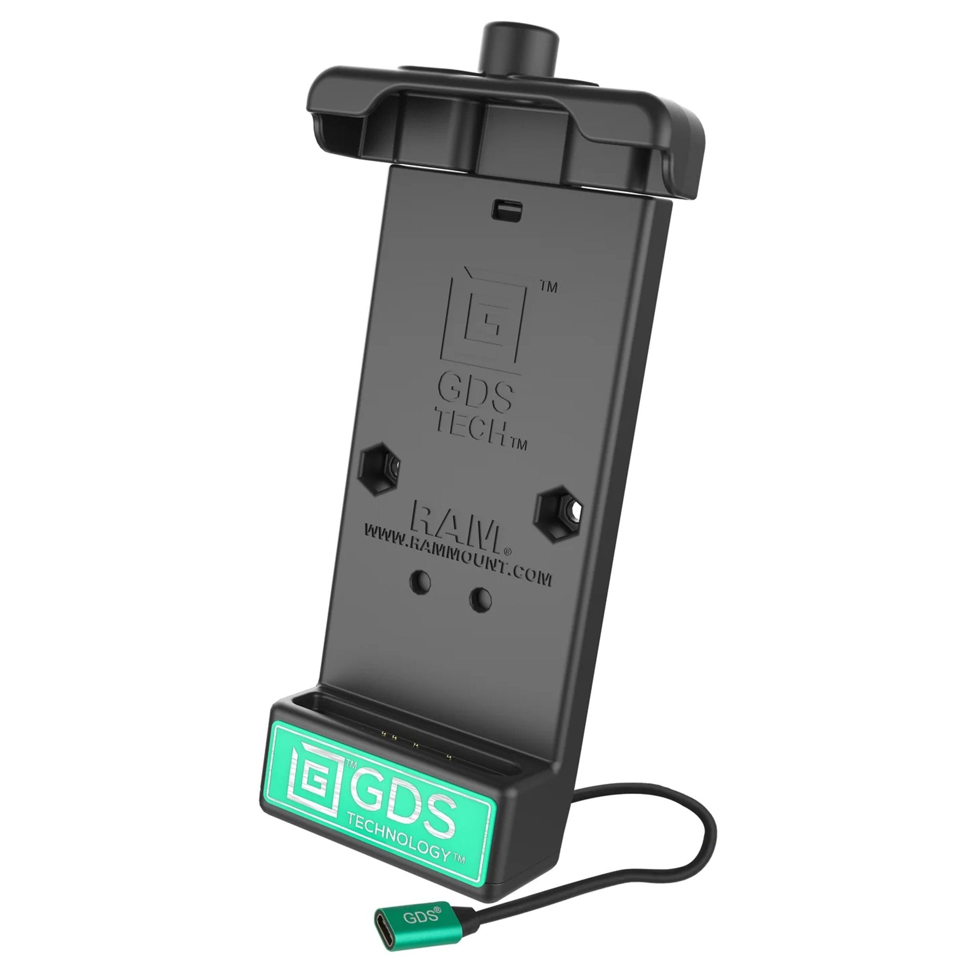 GDS Tech device dock with a green label on a white background