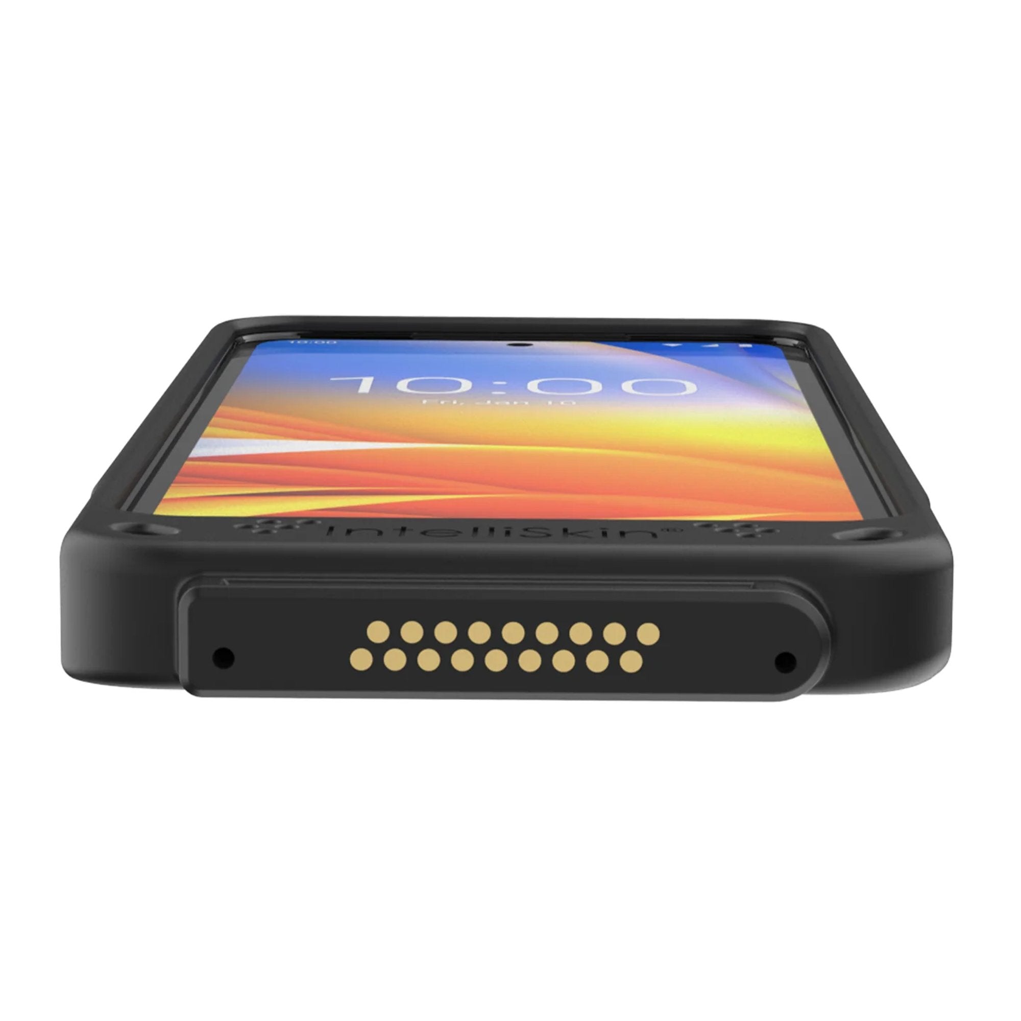 Bottom view of IntelliSkin Zebra handheld case with charging contacts