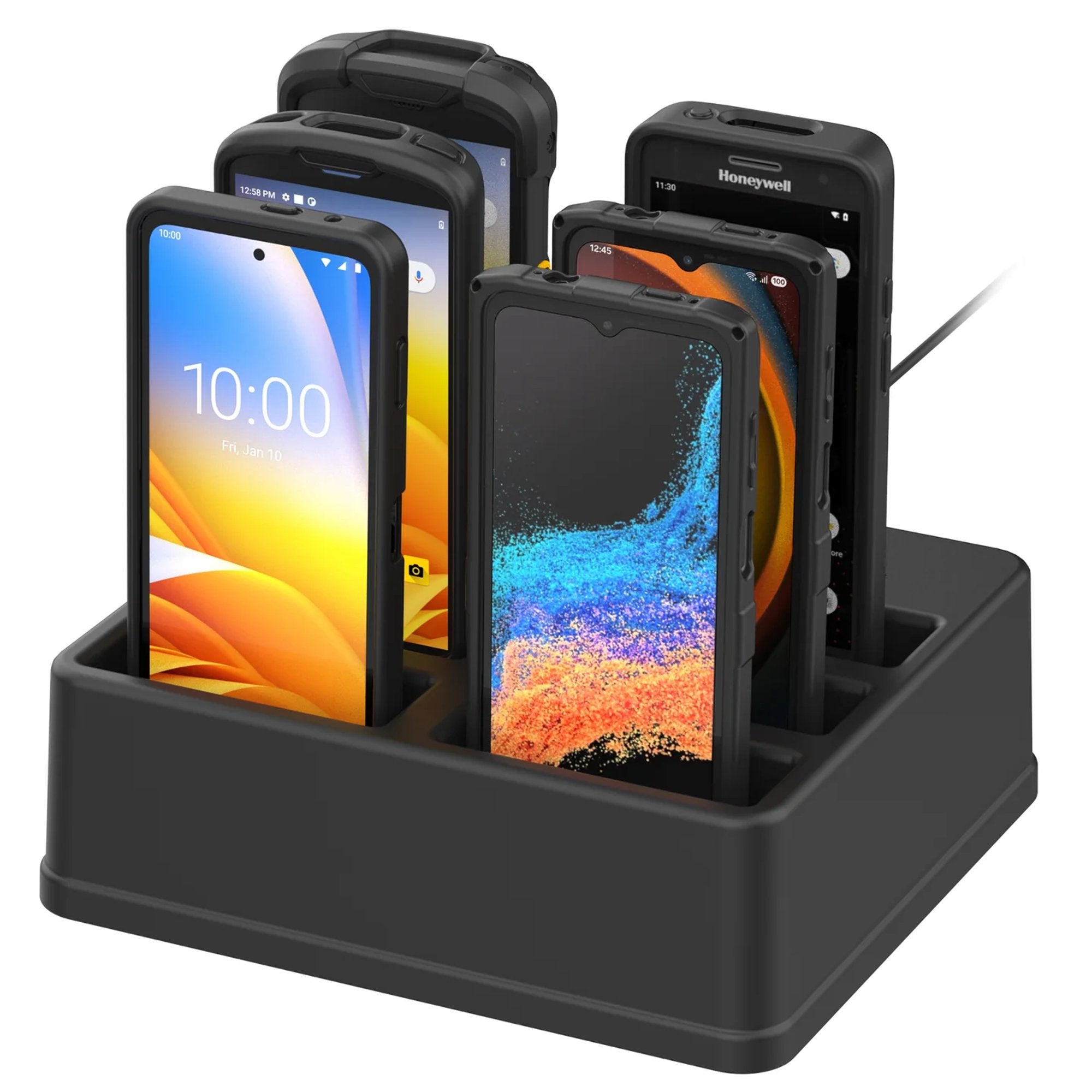 Six-slot rugged device charging dock holding Zebra and Honeywell handheld computers, desktop multi-device charging station