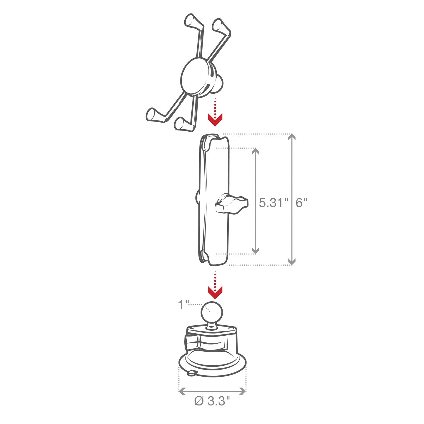 Technical diagram of the mount's components andh measurements on a white background