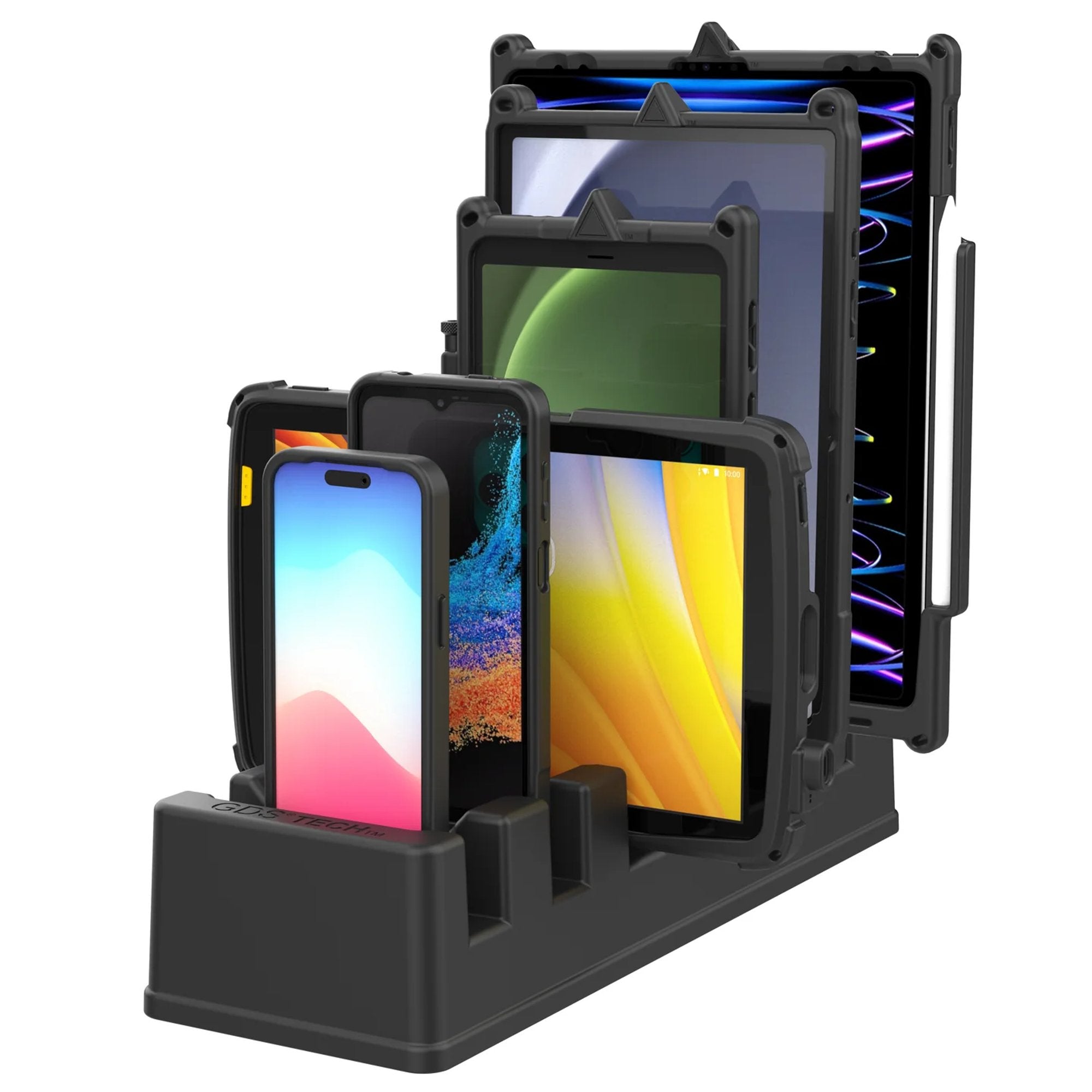 6-port rugged device charging dock holding phones and tablets in protective cases