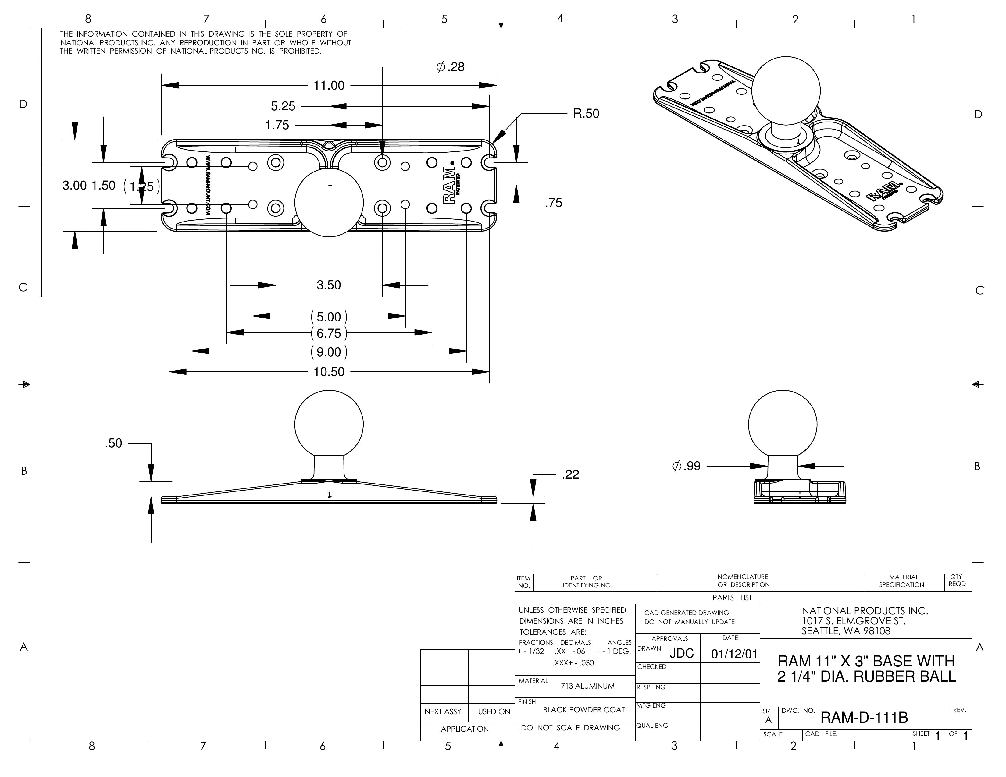 RAM® Large Marine Electronics Adapter Plate with 2.25" Ball - D Size