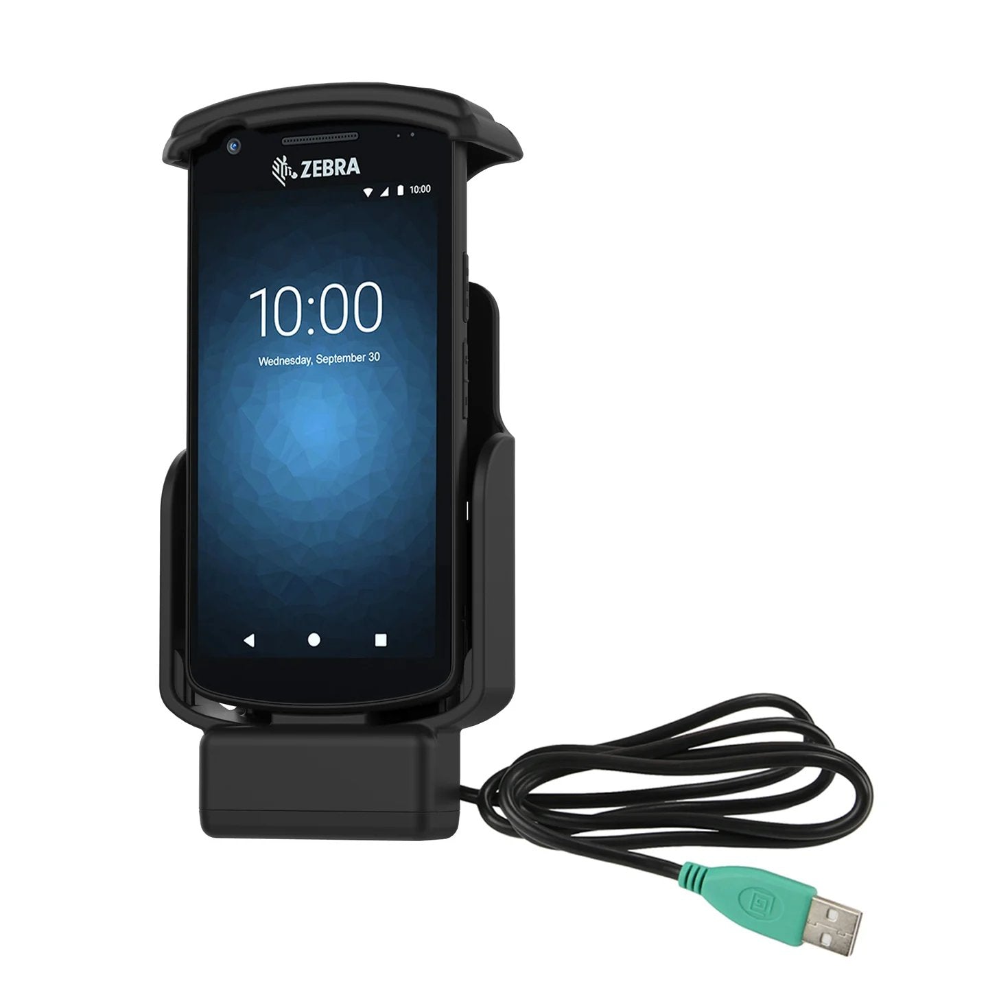 Zebra device on a charging dock with a USB cable on a white background