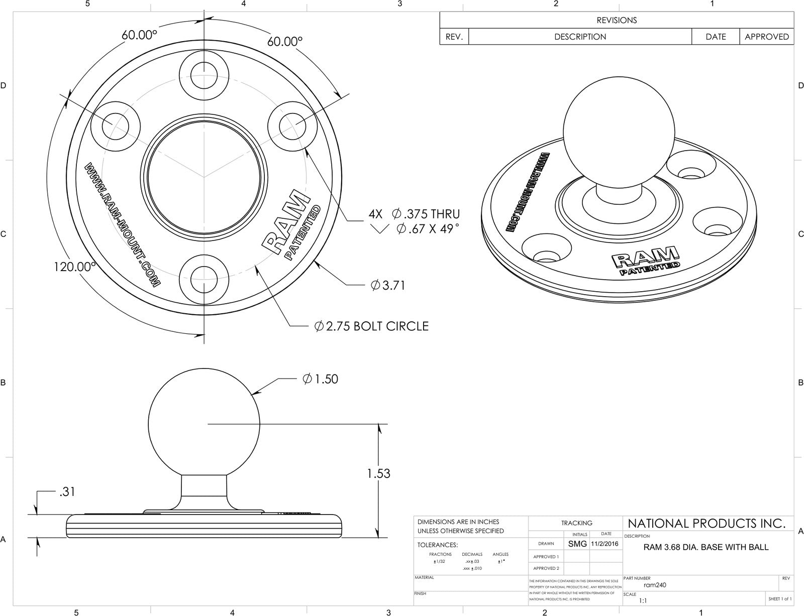 RAM Large Round Plate with 1.5" C Size Ball | RAM-240U