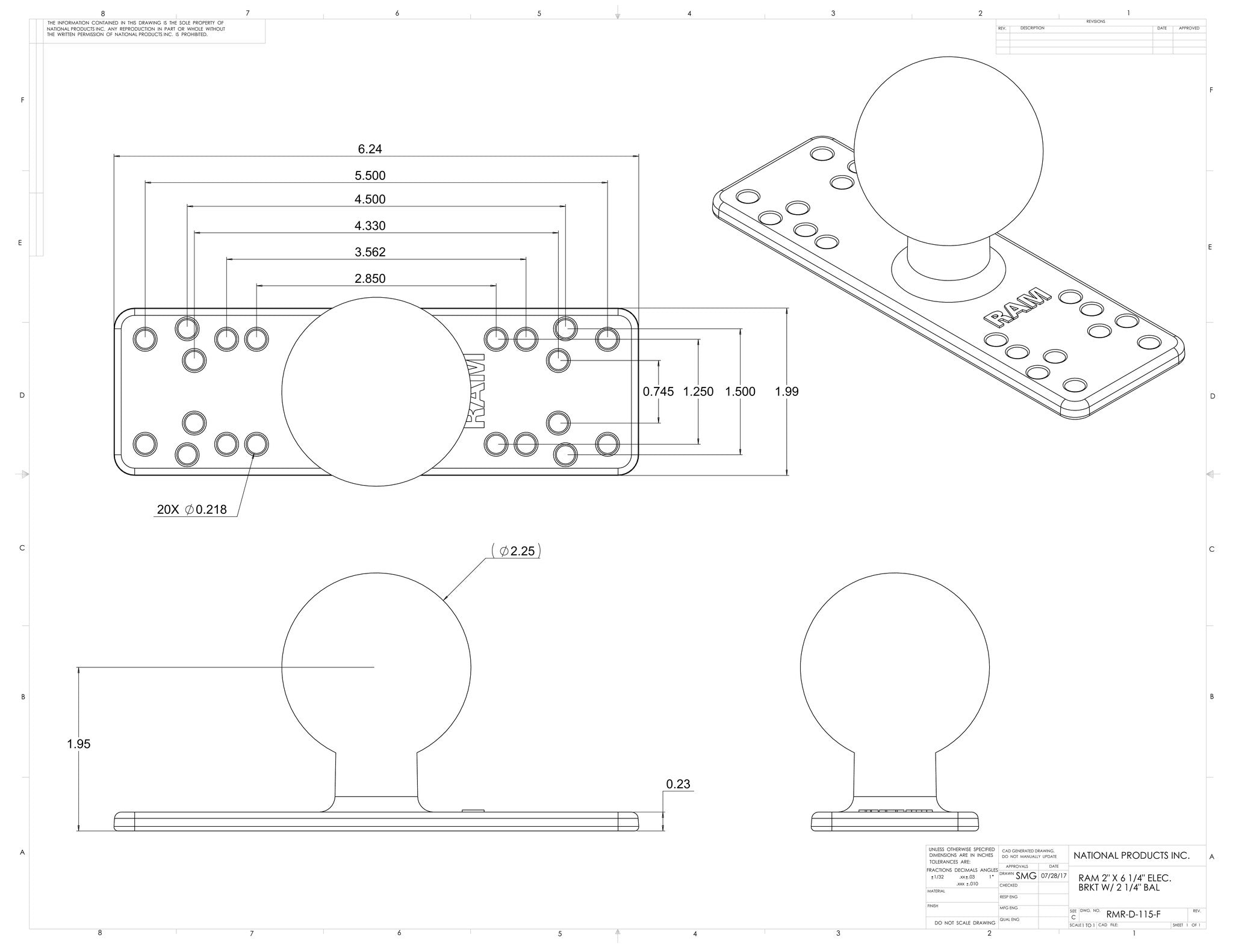 RAM Mount 6.25" x 2" Marine Electronics Base Plate with 2.25" Ball