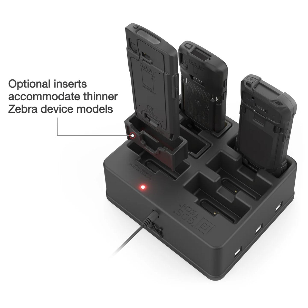 Six-device charging dock with optional cradle inserts for thinner Zebra handhelds