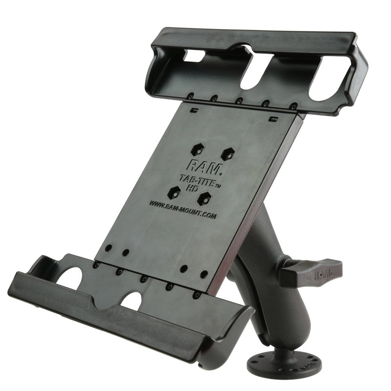 Front view of the RAM Mount’s C-size drill-down 9" - 10.5 tablet mount with double-ball arm and AMPS-pattern base plates