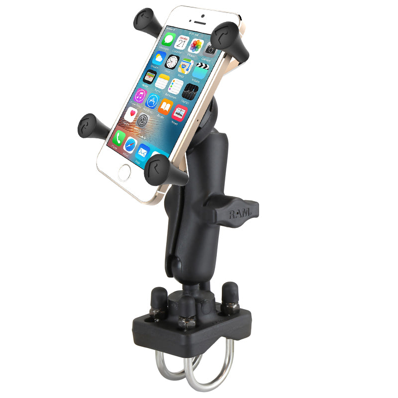 Rugged RAM® X-Grip® Phone Mount with Double U-Bolt Base & 1" Ball for Motorcycles, UTVs & Work Vehicles