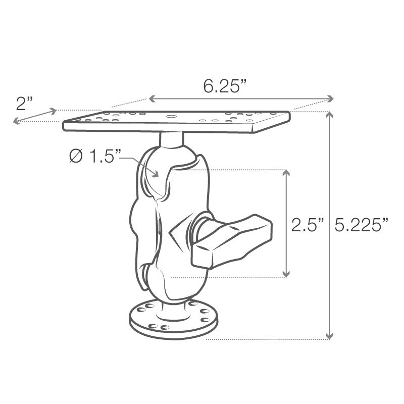 RAM 1.5" Ball Short Mount with 6.25" x 2" Rectangular Plate for Marine Electronics