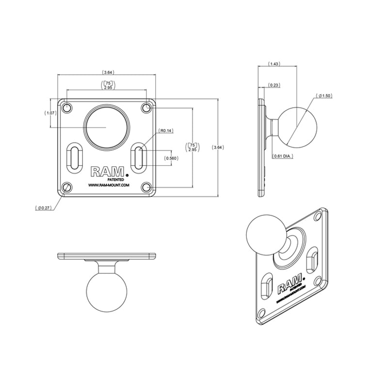 RAM 1.5" Ball Long Mount with Two Square 75mm X 75mm VESA Plates