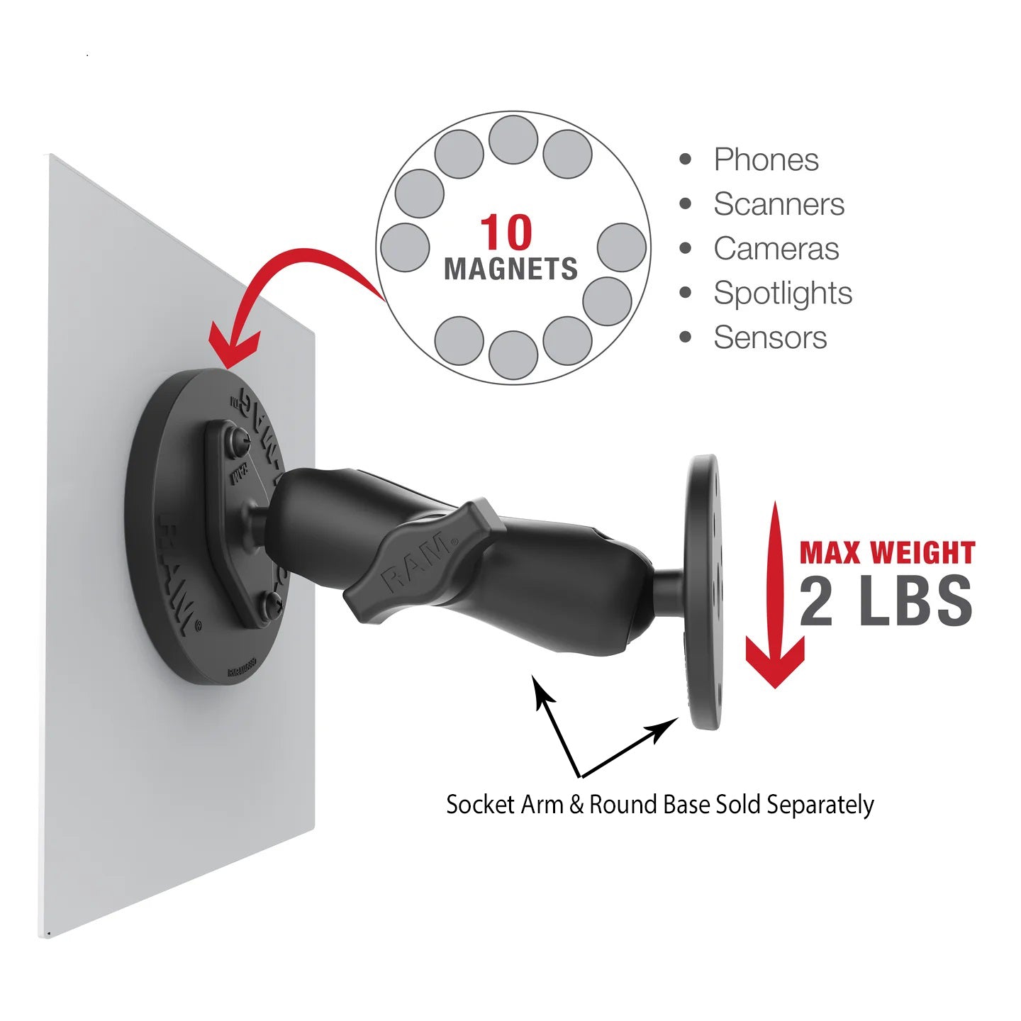 RAM Tough-Mag 88MM Diameter Magnetic Base with 1" Ball Diamond Base