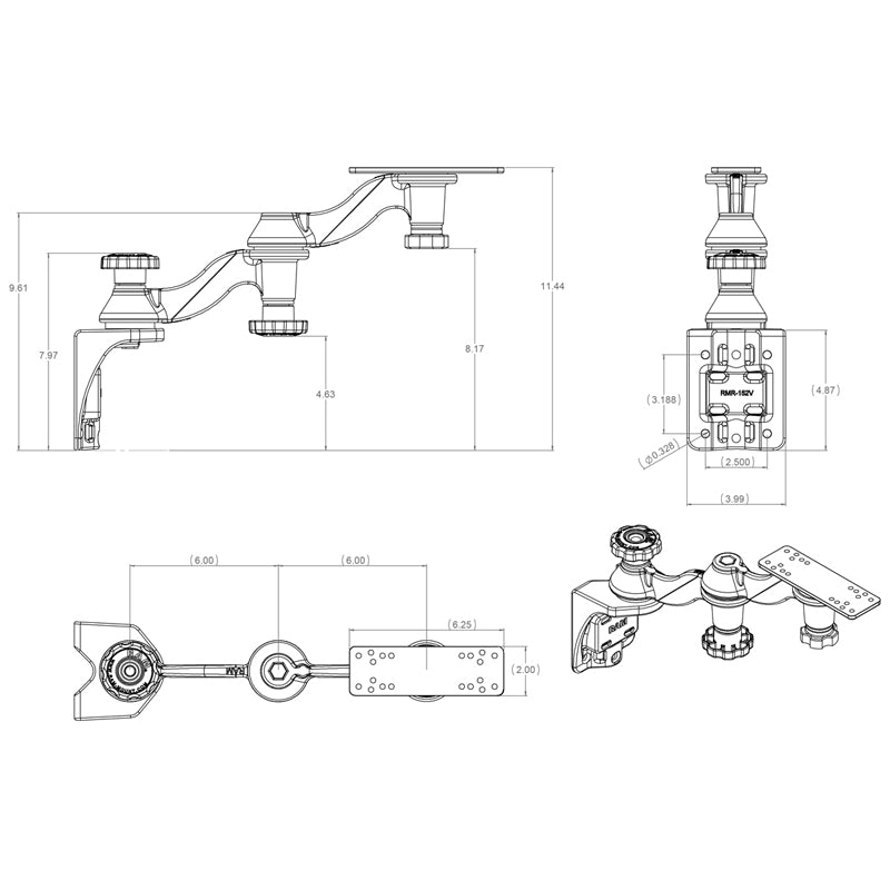 RAM Vertical Base Mount with 12" Double Swing Arm and Horizontal Electronics Base